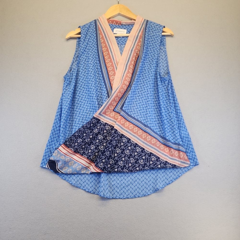 Liz Claiborne Blue Mixed Print Sleeveless Wrap Blouse Boho V-Neck Top Large L - Picture 6 of 14